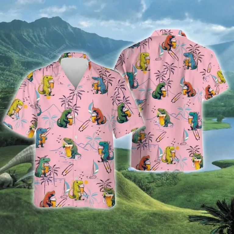 Cute Dinosaur Drinking Beer Hawaiian Shirts For Men Women, Dinosaur Summer Beach Shirts, Tropical Button Down Short Sleeve Shirt, Summer Aloha Shirt