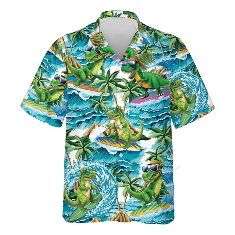 Dinosaur Surfing Hawaiian Shirts For Men Women, Funny Dinosaur Summer Beach Shirts, Tropical Button Down Short Sleeve Shirts, Summer Aloha Shirts