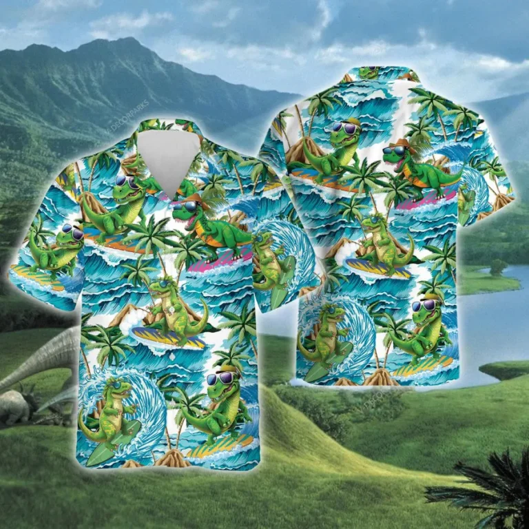 Dinosaur Surfing Hawaiian Shirts For Men Women, Funny Dinosaur Summer Beach Shirts, Tropical Button Down Short Sleeve Shirts, Summer Aloha Shirts
