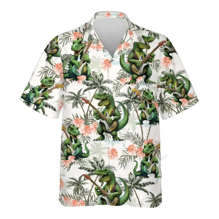Dinosaur Playing Guitar Hawaiian Shirts For Men Women, Funny Dinosaur Summer Beach Shirt, Tropical Button Down Short Sleeve Shirts, Summer Aloha Shirt