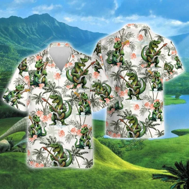 Dinosaur Playing Guitar Hawaiian Shirts For Men Women, Funny Dinosaur Summer Beach Shirt, Tropical Button Down Short Sleeve Shirts, Summer Aloha Shirt
