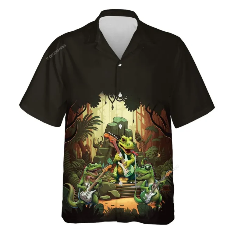 Funny Dinosaur Playing Guitar Hawaiian Shirts For Men Women, Dinosaur Summer Beach Shirt, Tropical Button Down Short Sleeve Shirts, Summer Aloha Shirt