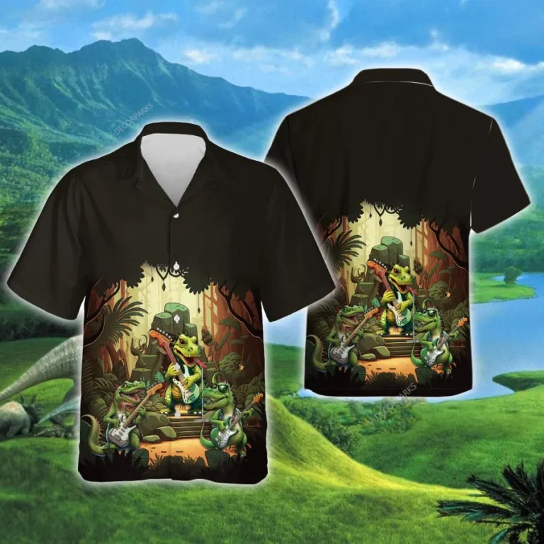 Funny Dinosaur Playing Guitar Hawaiian Shirts For Men Women, Dinosaur Summer Beach Shirt, Tropical Button Down Short Sleeve Shirts, Summer Aloha Shirt