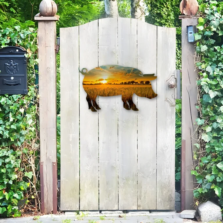 Pig And Sunrise Scene Color Metal Wall Art, Pig Barn Plaque