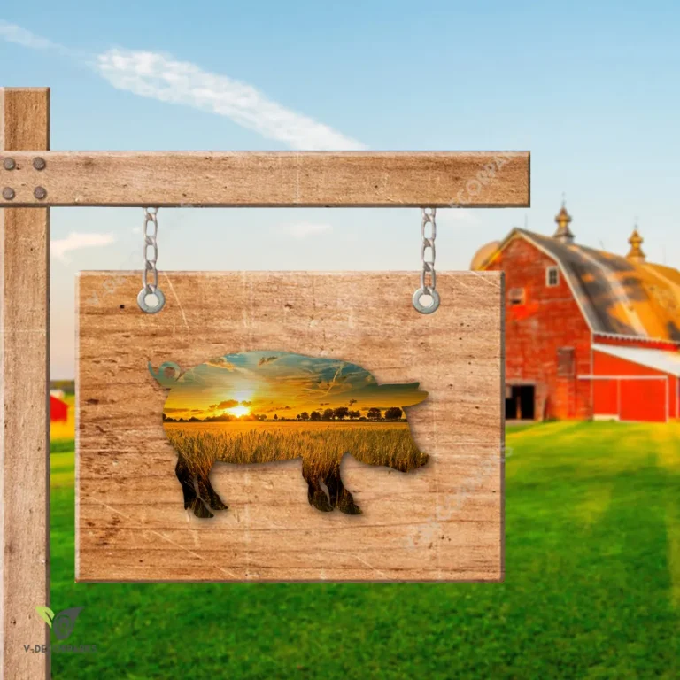 Pig And Sunrise Scene Color Metal Wall Art, Pig Barn Plaque