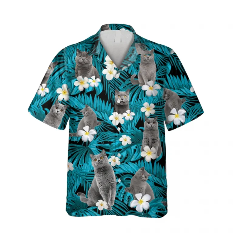 Floral Gray British Shorthaired Cat Hawaii Shirt, Tommy Bahama Hawaiian Shirts, Aloha Shirt For Mens, Womens