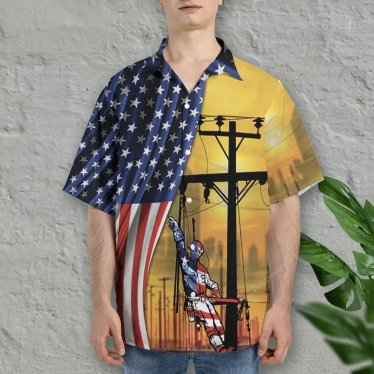 American Flag Electrician Hawaiian Shirt, Electrical Worker Summer Beach Shirt,electrician Button Down Short Sleeve Shirt,gift For Dad Husband Worker