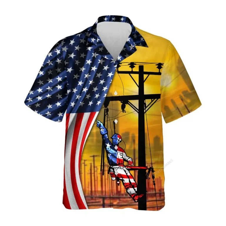 American Flag Electrician Hawaiian Shirt, Electrical Worker Summer Beach Shirt,electrician Button Down Short Sleeve Shirt,gift For Dad Husband Worker
