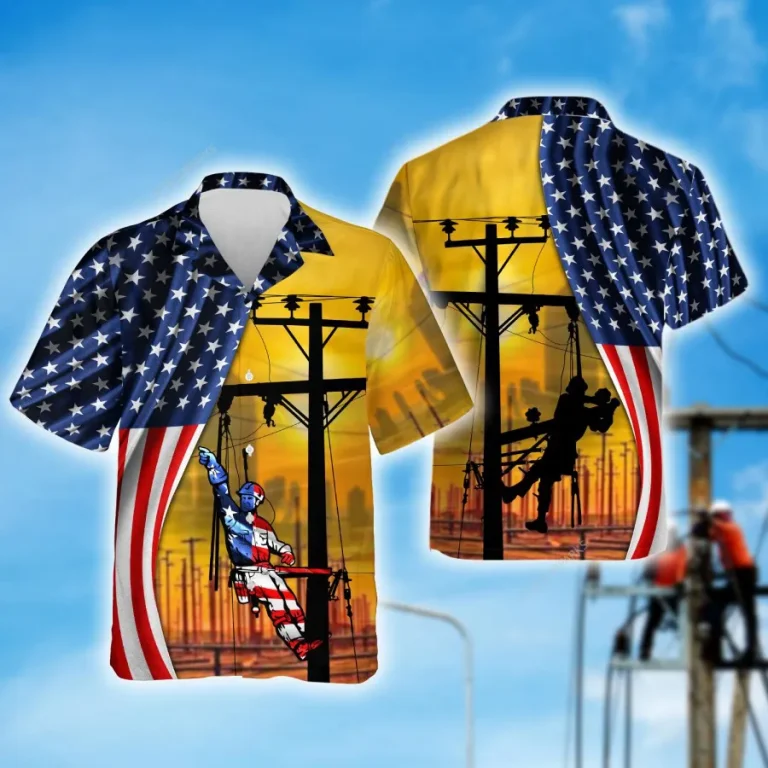 American Flag Electrician Hawaiian Shirt, Electrical Worker Summer Beach Shirt,electrician Button Down Short Sleeve Shirt,gift For Dad Husband Worker