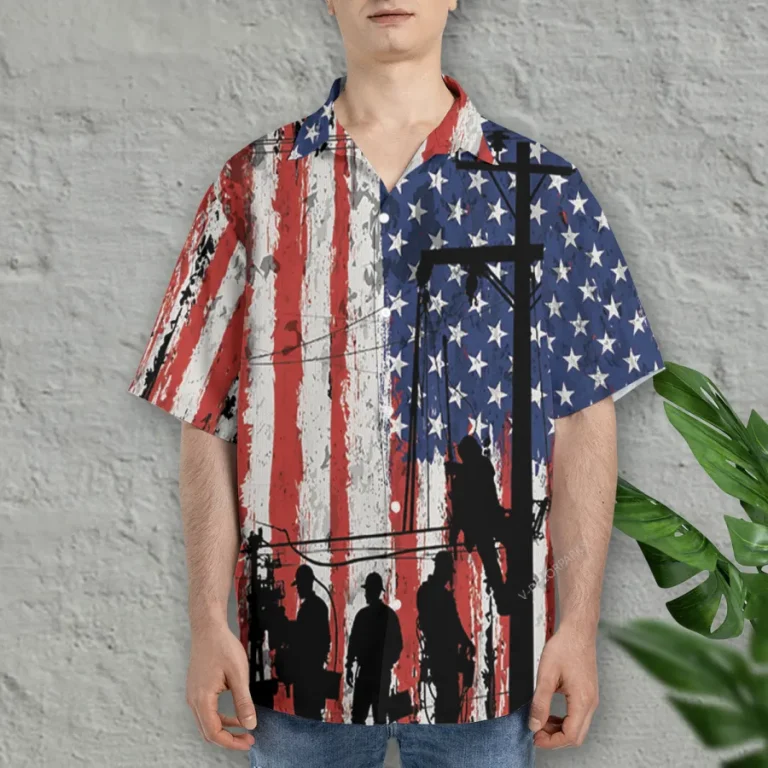 American Electrician Hawaiian Shirt, Electrical Worker Summer Beach Shirt, Electrician Button Down Short Sleeve Shirt,gift For Dad Husband Worker