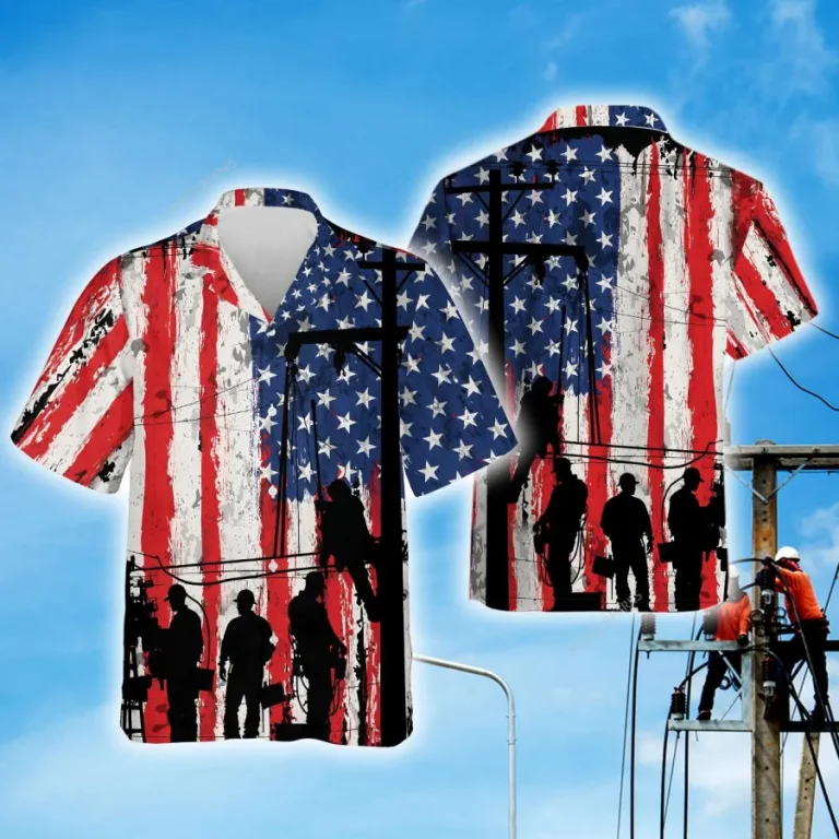 American Electrician Hawaiian Shirt, Electrical Worker Summer Beach Shirt, Electrician Button Down Short Sleeve Shirt,gift For Dad Husband Worker