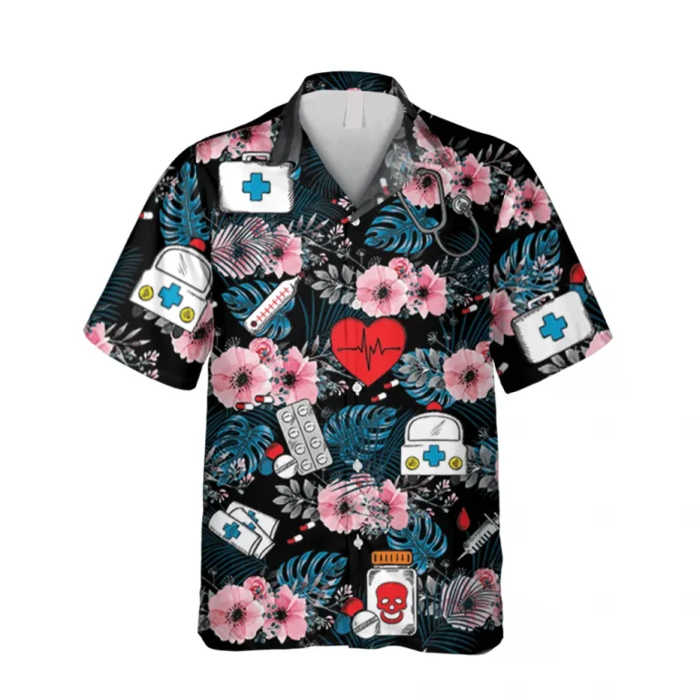 Floral Nurse Black Hawaii Shirt, Summer Shirt For Doctor Men, Aloha Shirt For Mens, Womens