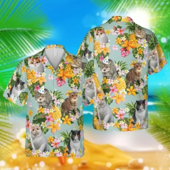 Exotic Kitty Pineapple Flowers Hawaii Shirt, Beach Outfit For Husband, Aloha Shirt For Mens, Womens