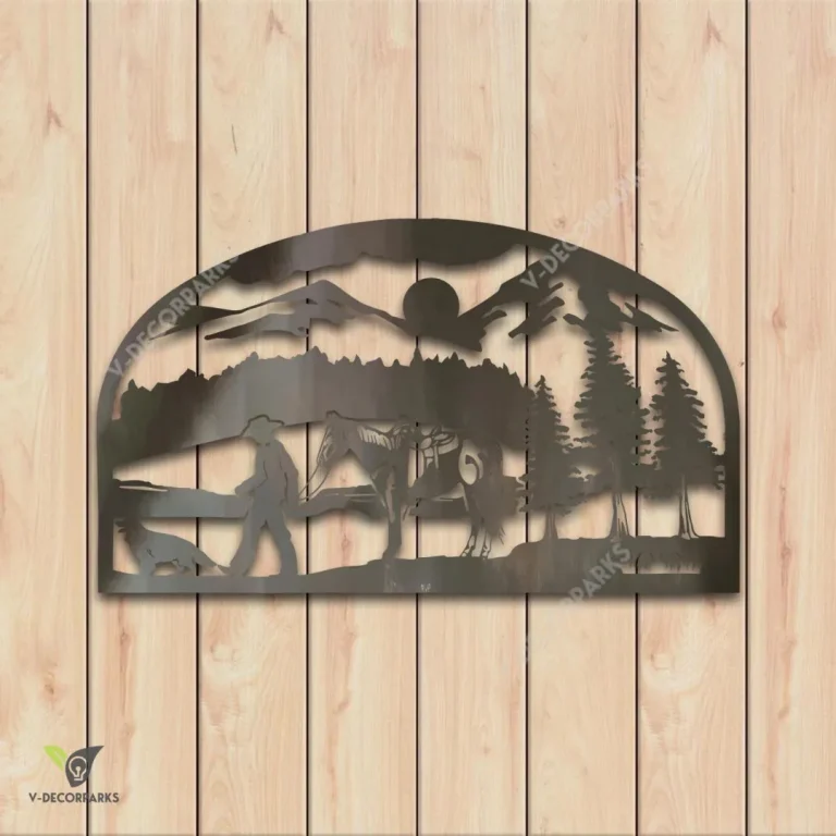 Cowboy, Horse And Dog Scene Metal Sign, Evergreen Art For Dad