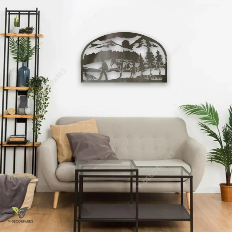 Cowboy, Horse And Dog Scene Metal Sign, Evergreen Art For Dad