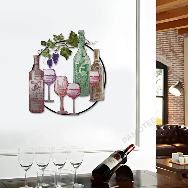 Grape Wine, Wine Bottles, Glasses Round Metal Art, Vintage Wall Hanging For Bar, Pub, Restaurant