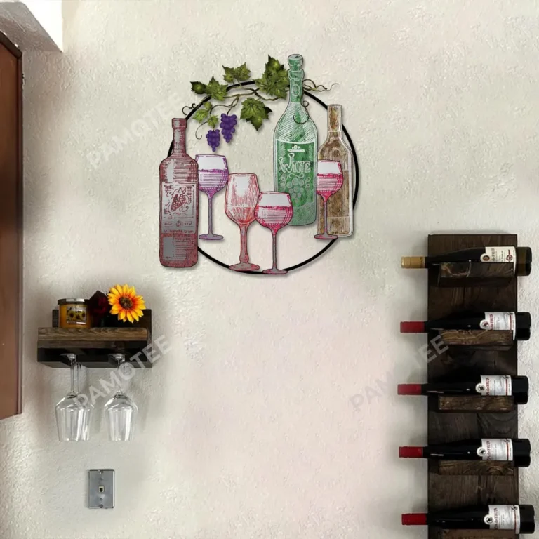 Grape Wine, Wine Bottles, Glasses Round Metal Art, Vintage Wall Hanging For Bar, Pub, Restaurant