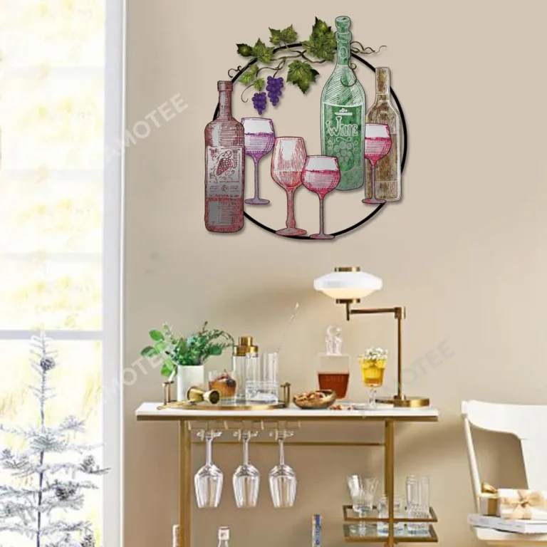 Grape Wine, Wine Bottles, Glasses Round Metal Art, Vintage Wall Hanging For Bar, Pub, Restaurant