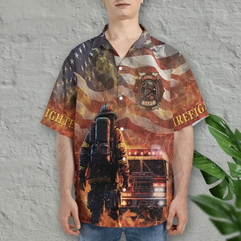 3d Firefighter Hawaiian Shirts, Fire Rescue Button Down Short Sleeve Shirts, Fire Engine Tropical Summer Beach Shirts, American Firefighter Gifts