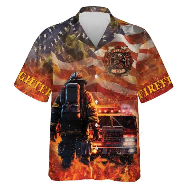 3d Firefighter Hawaiian Shirts, Fire Rescue Button Down Short Sleeve Shirts, Fire Engine Tropical Summer Beach Shirts, American Firefighter Gifts