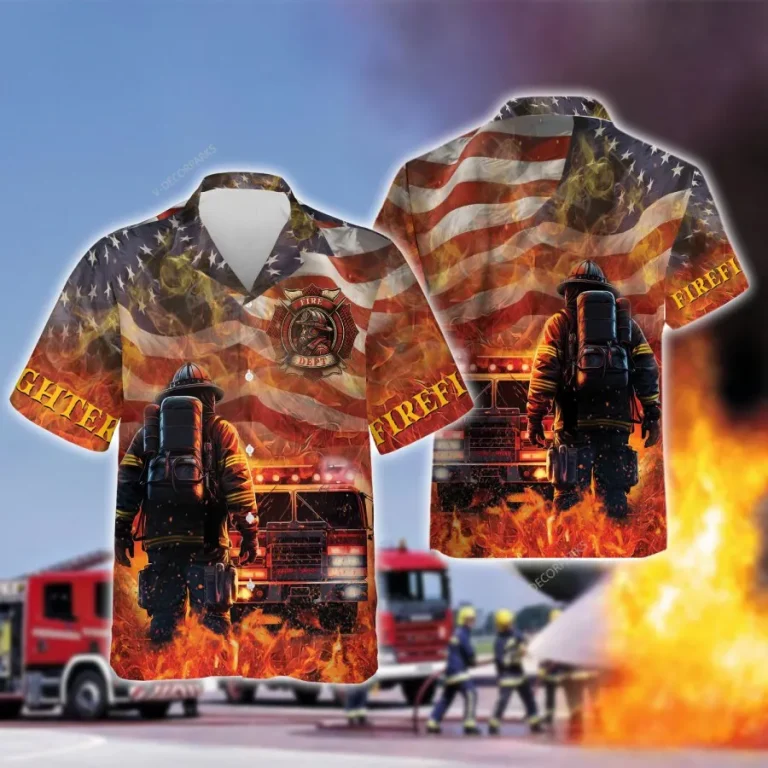 3d Firefighter Hawaiian Shirts, Fire Rescue Button Down Short Sleeve Shirts, Fire Engine Tropical Summer Beach Shirts, American Firefighter Gifts
