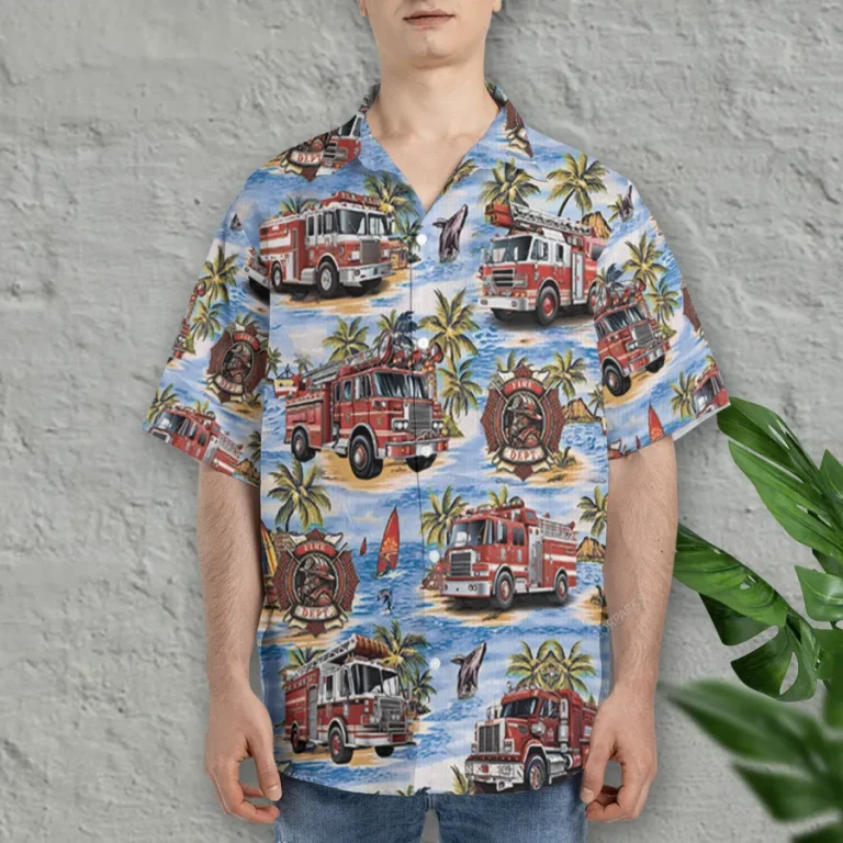 Tropical Fire Truck Hawaiian Shirts, Fire Rescue Button Down Short Sleeve Shirts, Fire Engine Tropical Summer Beach Shirts, American Firefighter Gift