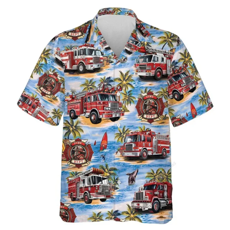 Tropical Fire Truck Hawaiian Shirts, Fire Rescue Button Down Short Sleeve Shirts, Fire Engine Tropical Summer Beach Shirts, American Firefighter Gift