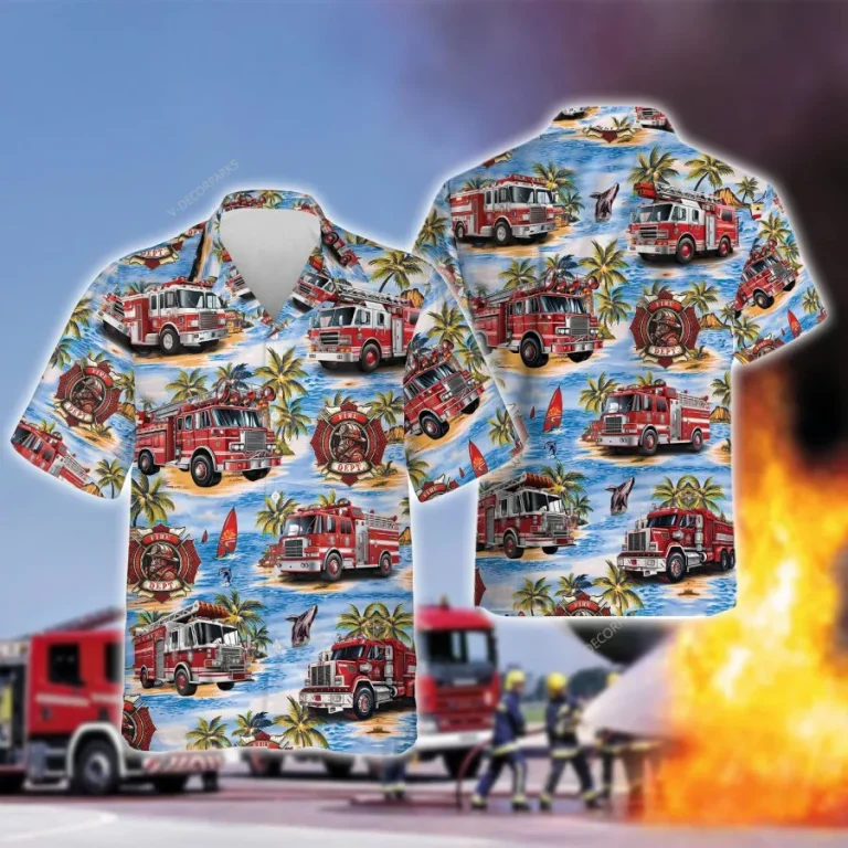 Tropical Fire Truck Hawaiian Shirts, Fire Rescue Button Down Short Sleeve Shirts, Fire Engine Tropical Summer Beach Shirts, American Firefighter Gift