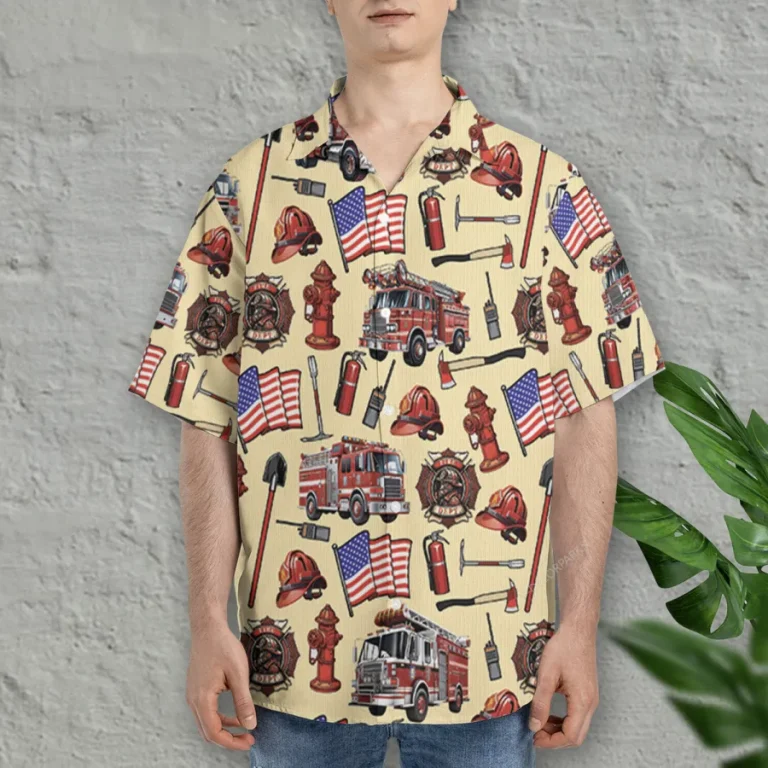 Firefighter Equipment Hawaiian Shirts, Fire Rescue Button Down Short Sleeve Shirts, Fire Engine Tropical Summer Beach Shirt, American Firefighter Gift