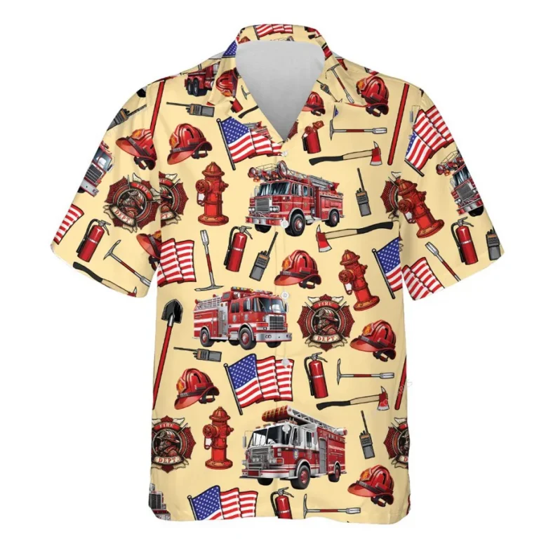 Firefighter Equipment Hawaiian Shirts, Fire Rescue Button Down Short Sleeve Shirts, Fire Engine Tropical Summer Beach Shirt, American Firefighter Gift