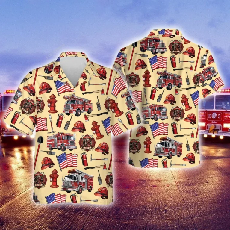 Firefighter Equipment Hawaiian Shirts, Fire Rescue Button Down Short Sleeve Shirts, Fire Engine Tropical Summer Beach Shirt, American Firefighter Gift