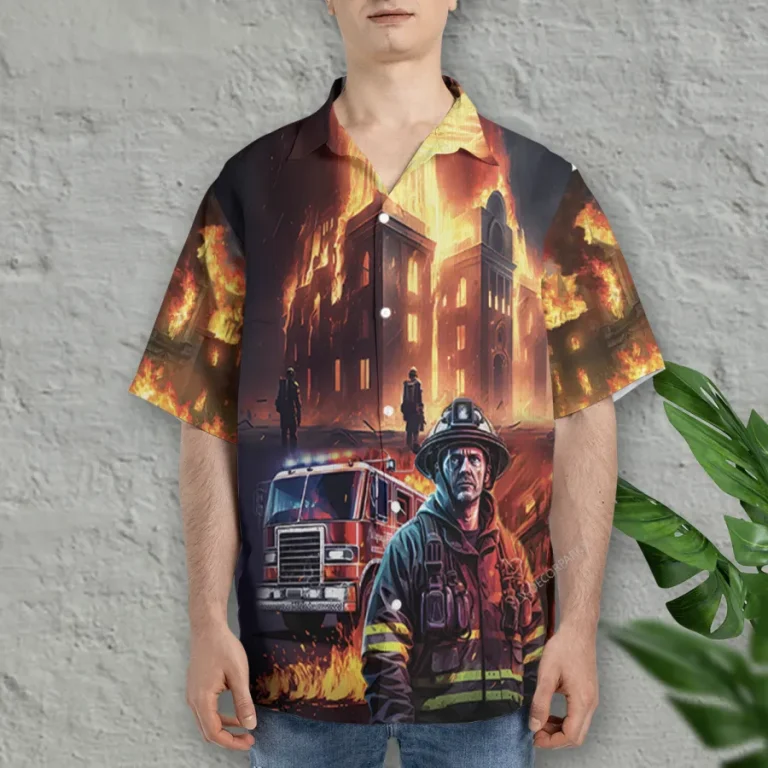 3d Firefighter Hawaiian Shirts, Fireman Button Down Short Sleeve Shirts, Fire Engine Tropical Summer Beach Shirt, Firefighter Gifts Aloha Shirts