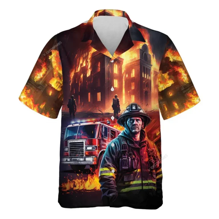 3d Firefighter Hawaiian Shirts, Fireman Button Down Short Sleeve Shirts, Fire Engine Tropical Summer Beach Shirt, Firefighter Gifts Aloha Shirts