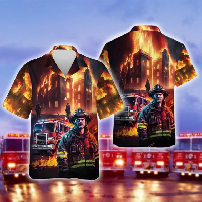 3d Firefighter Hawaiian Shirts, Fireman Button Down Short Sleeve Shirts, Fire Engine Tropical Summer Beach Shirt, Firefighter Gifts Aloha Shirts