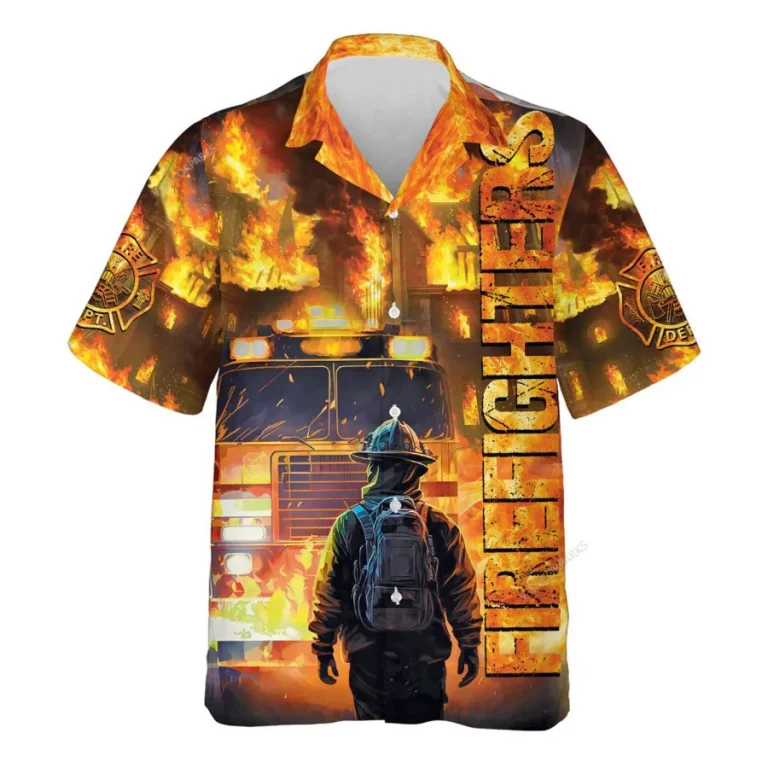 3d Firefighter Hawaiian Shirts, Fireman Button Down Short Sleeve Shirts, Fire Engine Tropical Summer Beach Shirts, Firefighter Gifts Aloha Shirts