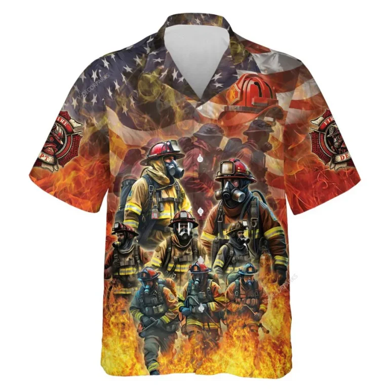 3d Firefighters Hawaiian Shirts, American Firemans Button Down Short Sleeve Hawaiian Shirts, Fire Department Summer Beach Shirts, Firefighter Gifts