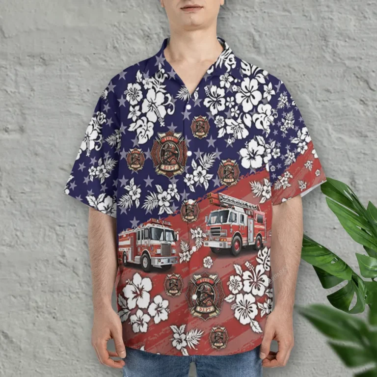 American Fire Truck Hawaiian Shirts, Fire Truck Button Down Short Sleeve Shirts, Fire Engine Tropical Hibiscus Summer Beach Shirts, Firefighter Gifts