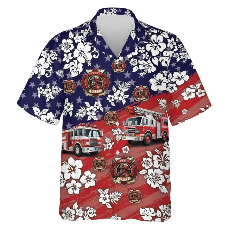 American Fire Truck Hawaiian Shirts, Fire Truck Button Down Short Sleeve Shirts, Fire Engine Tropical Hibiscus Summer Beach Shirts, Firefighter Gifts