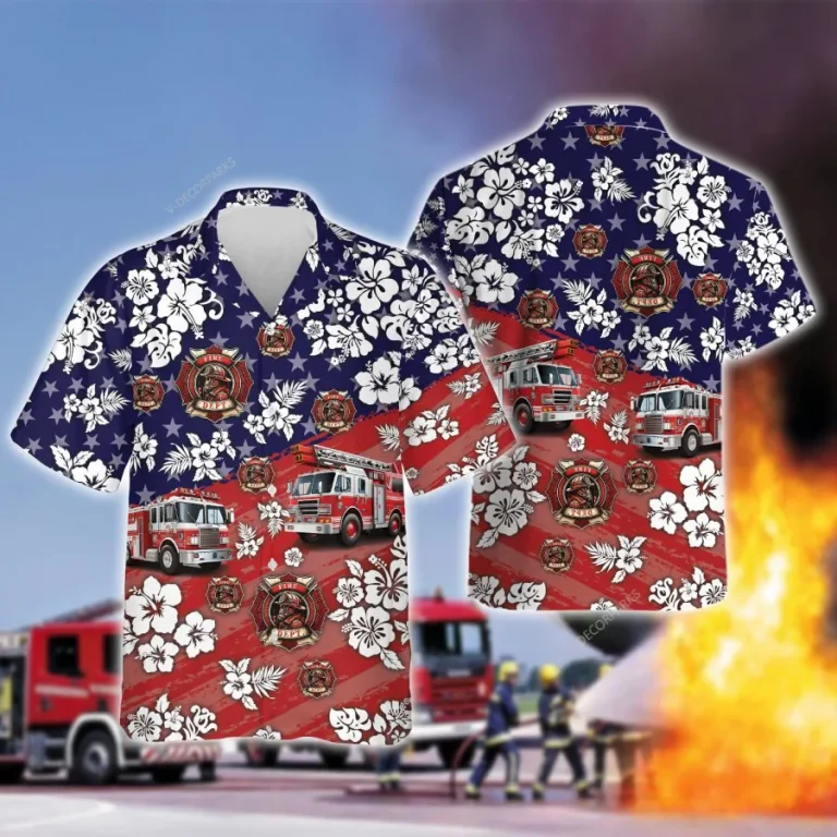 American Fire Truck Hawaiian Shirts, Fire Truck Button Down Short Sleeve Shirts, Fire Engine Tropical Hibiscus Summer Beach Shirts, Firefighter Gifts