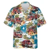 Fire Truck Hawaiian Shirts, Fire Truck Button Down Short Sleeve Shirts, Tropical Island Hibiscus Summer Beach Shirts, Firefighter Gifts Aloha Shirts
