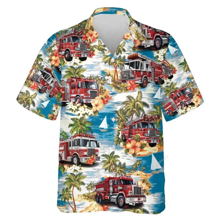Fire Truck Hawaiian Shirts, Fire Truck Button Down Short Sleeve Shirts, Tropical Island Hibiscus Summer Beach Shirts, Firefighter Gifts Aloha Shirts