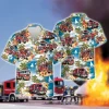 Fire Truck Hawaiian Shirts, Fire Truck Button Down Short Sleeve Shirts, Tropical Island Hibiscus Summer Beach Shirts, Firefighter Gifts Aloha Shirts
