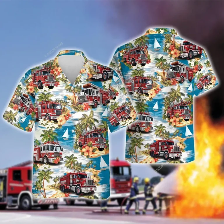 Fire Truck Hawaiian Shirts, Fire Truck Button Down Short Sleeve Shirts, Tropical Island Hibiscus Summer Beach Shirts, Firefighter Gifts Aloha Shirts
