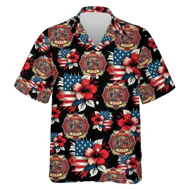 Fire Department Hawaiian Shirts, Fire Truck Button Down Short Sleeve Shirts, Fire Engine Tropical Hibiscus Summer Beach Shirts, Firefighter Gifts