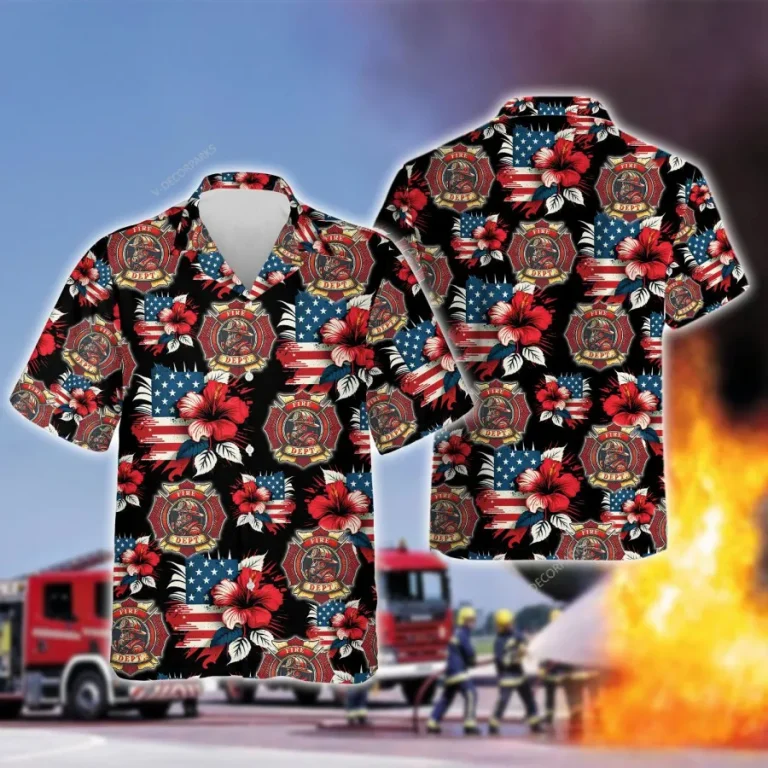 Fire Department Hawaiian Shirts, Fire Truck Button Down Short Sleeve Shirts, Fire Engine Tropical Hibiscus Summer Beach Shirts, Firefighter Gifts