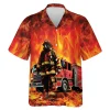 3d American Firefighter Hawaiian Shirts, Fire Rescue Button Down Short Sleeve Shirts, Fire Engine Tropical Summer Beach Shirts, Firefighter Gifts
