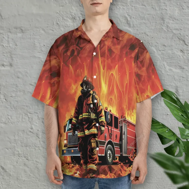 3d American Firefighter Hawaiian Shirts, Fire Rescue Button Down Short Sleeve Shirts, Fire Engine Tropical Summer Beach Shirts, Firefighter Gifts