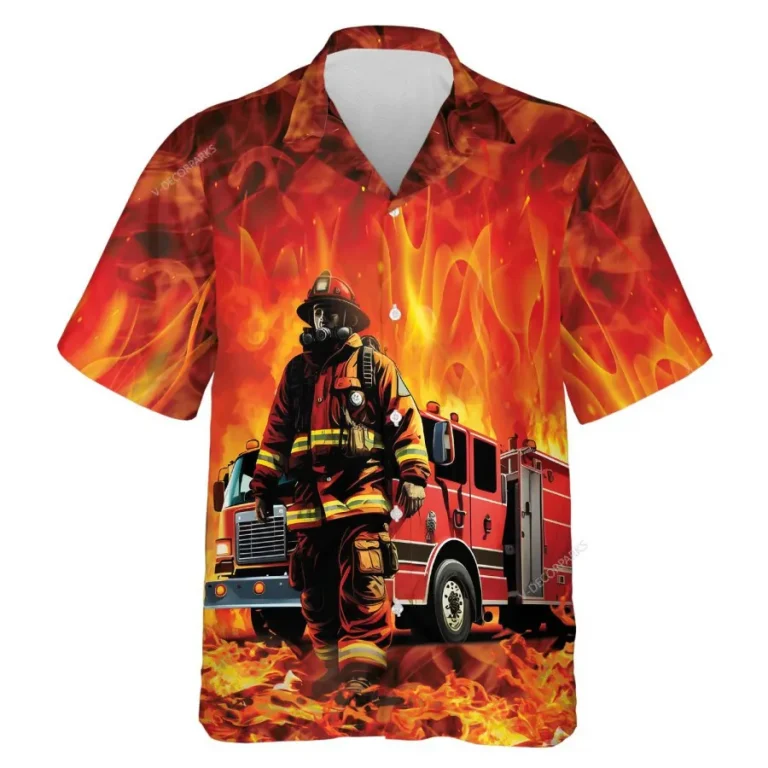 3d American Firefighter Hawaiian Shirts, Fire Rescue Button Down Short Sleeve Shirts, Fire Engine Tropical Summer Beach Shirts, Firefighter Gifts