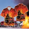 3d American Firefighter Hawaiian Shirts, Fire Rescue Button Down Short Sleeve Shirts, Fire Engine Tropical Summer Beach Shirts, Firefighter Gifts