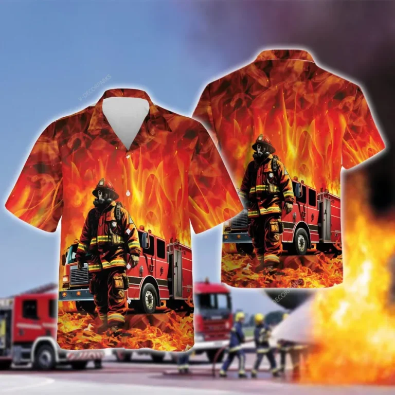 3d American Firefighter Hawaiian Shirts, Fire Rescue Button Down Short Sleeve Shirts, Fire Engine Tropical Summer Beach Shirts, Firefighter Gifts